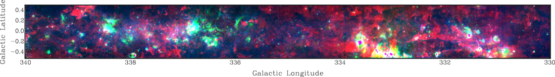 Three-colour image of the Galactic Plane from the Mopra CO survey (red; peak intensity image from v = −150 to +50kms−1) together with the Spitzer MIPSGAL 24 μm (green; Carey et al., 2009) and GLIMPSE 8 μm (blue; Churchwell et al., 2009; Benjamin et al., 2003) surveys.