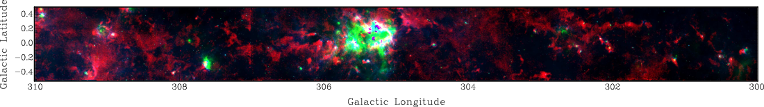 Three-colour image of the Galactic Plane from the Mopra CO survey (red; peak intensity image from v = −150 to +50kms−1) together with the Spitzer MIPSGAL 24 μm (green; Carey et al., 2009) and GLIMPSE 8 μm (blue; Churchwell et al., 2009; Benjamin et al., 2003) surveys.